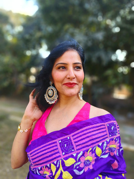 Purple silk kantha work saree from bengal handlooms