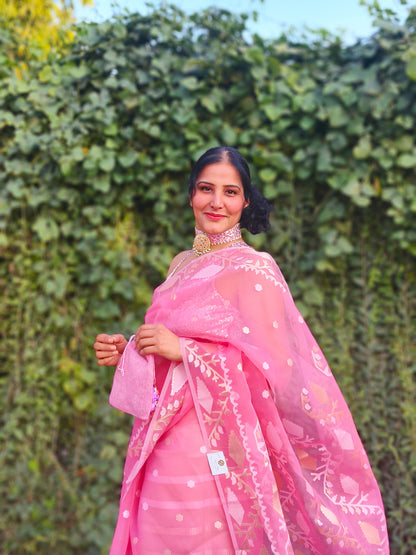 Pastel pink Muslin Jamdani saree