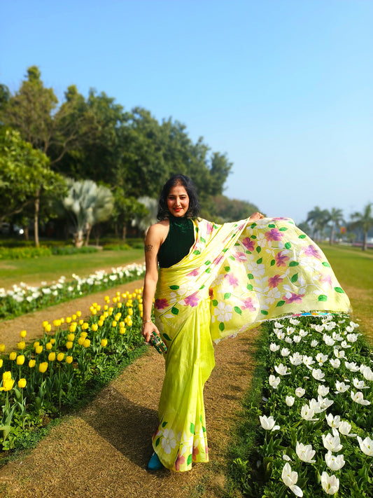 Light green hand painted pure mulberry silk saree