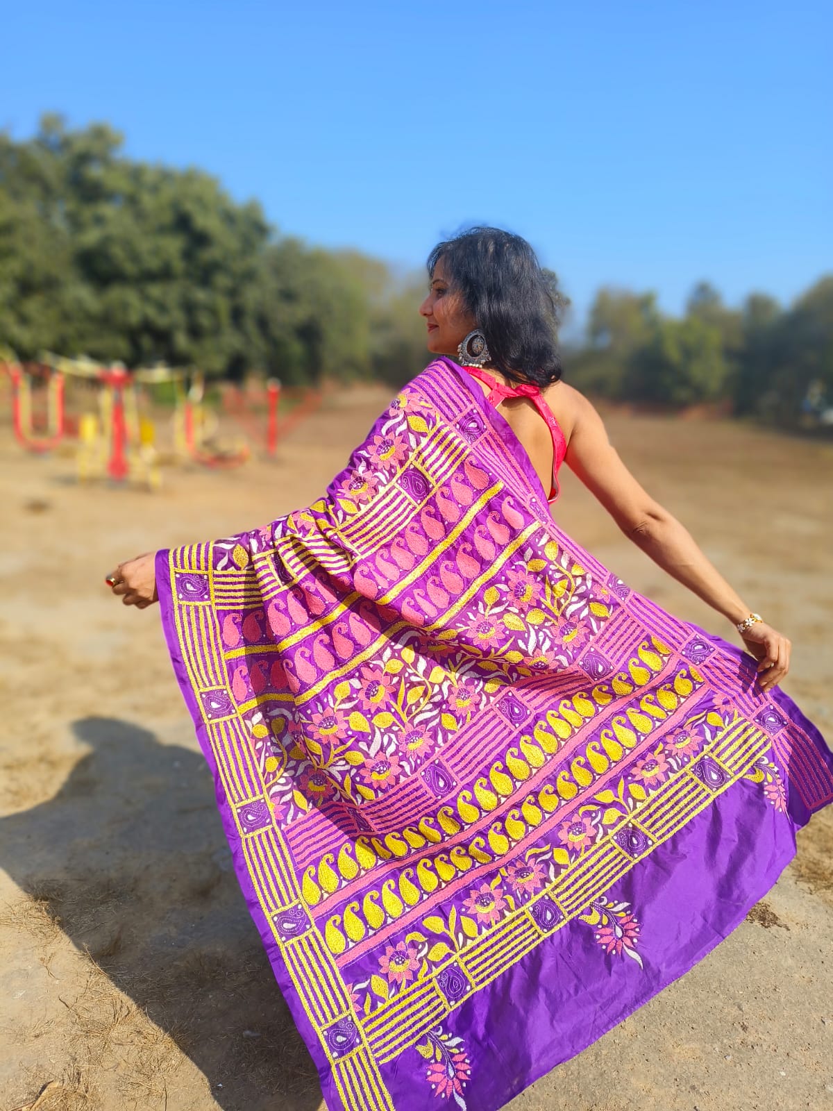 Purple silk kantha work saree from bengal handlooms