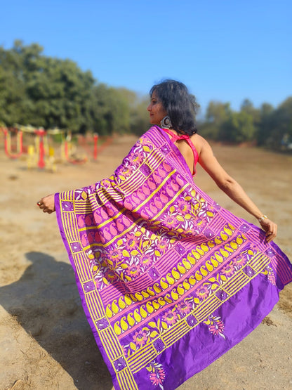 Purple silk kantha work saree from bengal handlooms