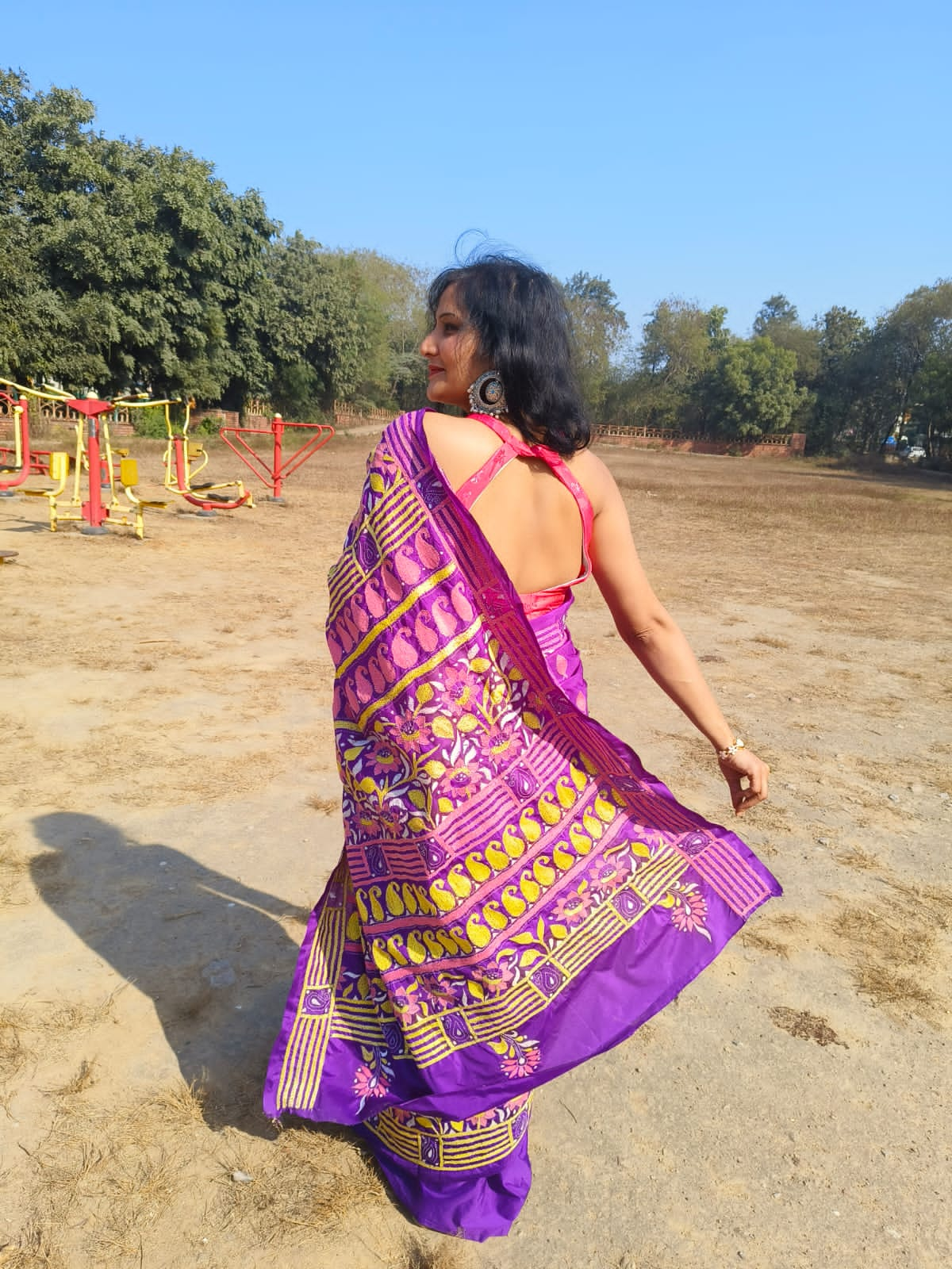 Purple silk kantha work saree from bengal handlooms