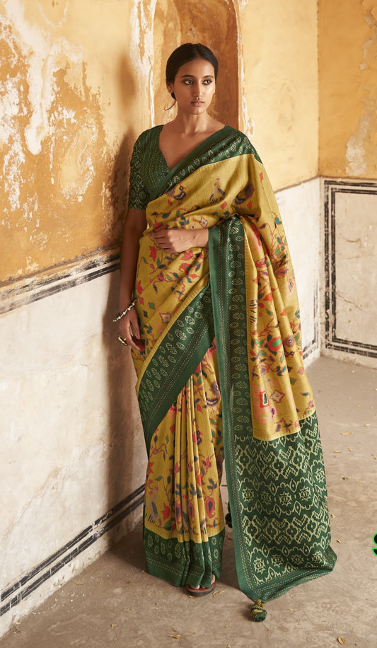 Green Patola Saree with Light Yellow Print Silk Cotton