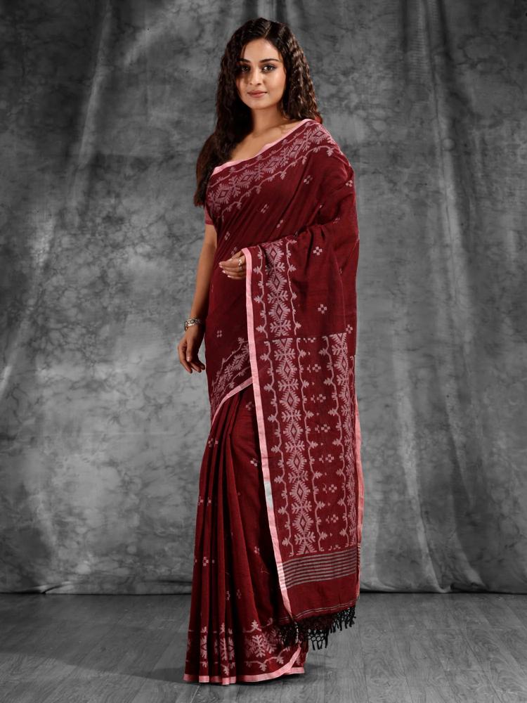 Maroon khadi saree with jamdani weaving