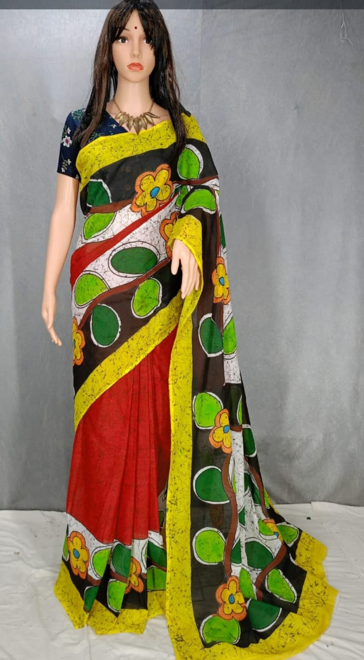 Red colour hand painted batik mulmul cotton saree .