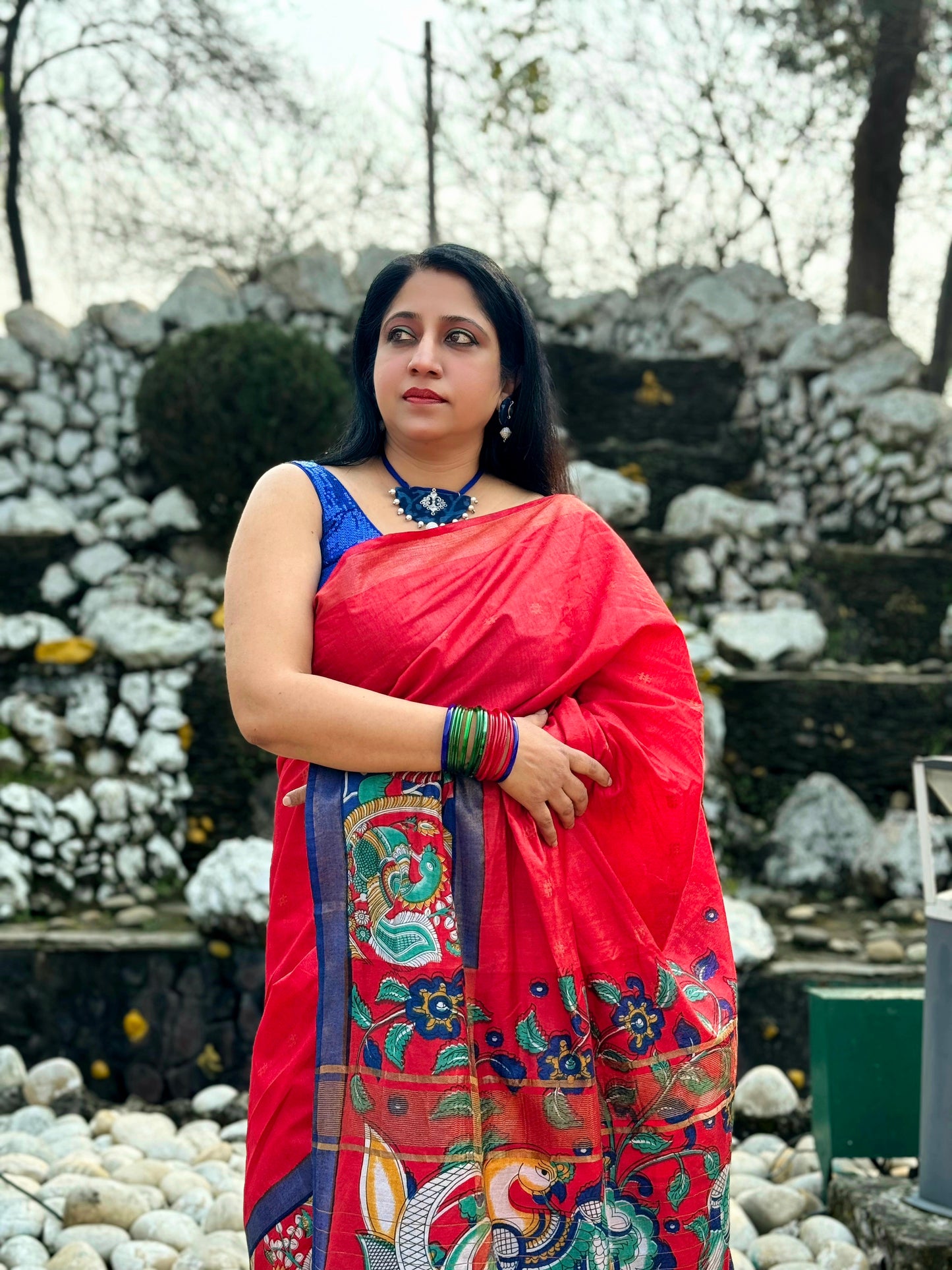 Bright Red bhagalpuri silk saree with kalamkari printed border and pallu