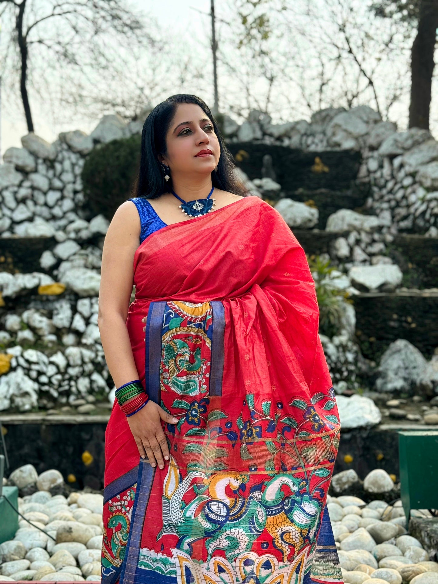 Bright Red bhagalpuri silk saree with kalamkari printed border and pallu