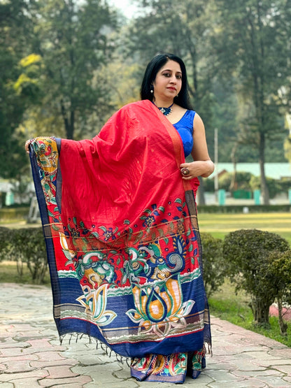 Bright Red bhagalpuri silk saree with kalamkari printed border and pallu