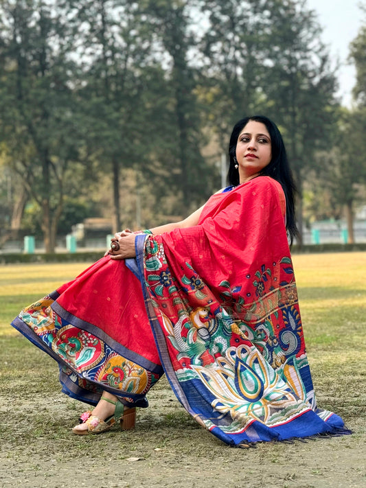 Bright Red bhagalpuri silk saree with kalamkari printed border and pallu