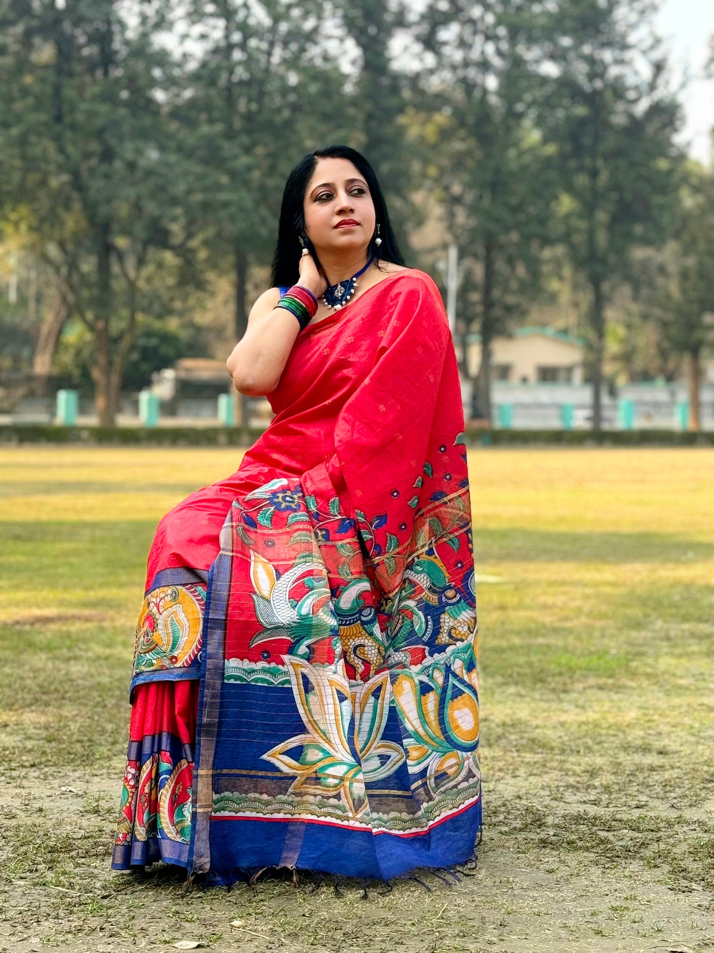 Bright Red bhagalpuri silk saree with kalamkari printed border and pallu