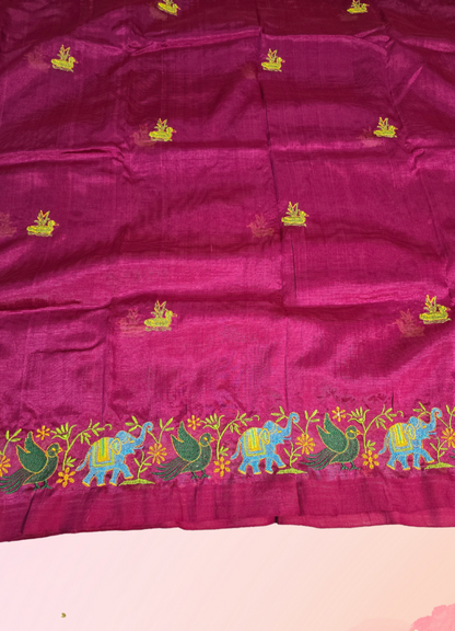 Burgendy colour pure mangalagiri silk saree with embroidary