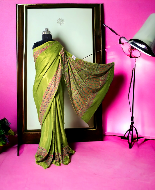 Green ajrakh hand block print modal silk saree