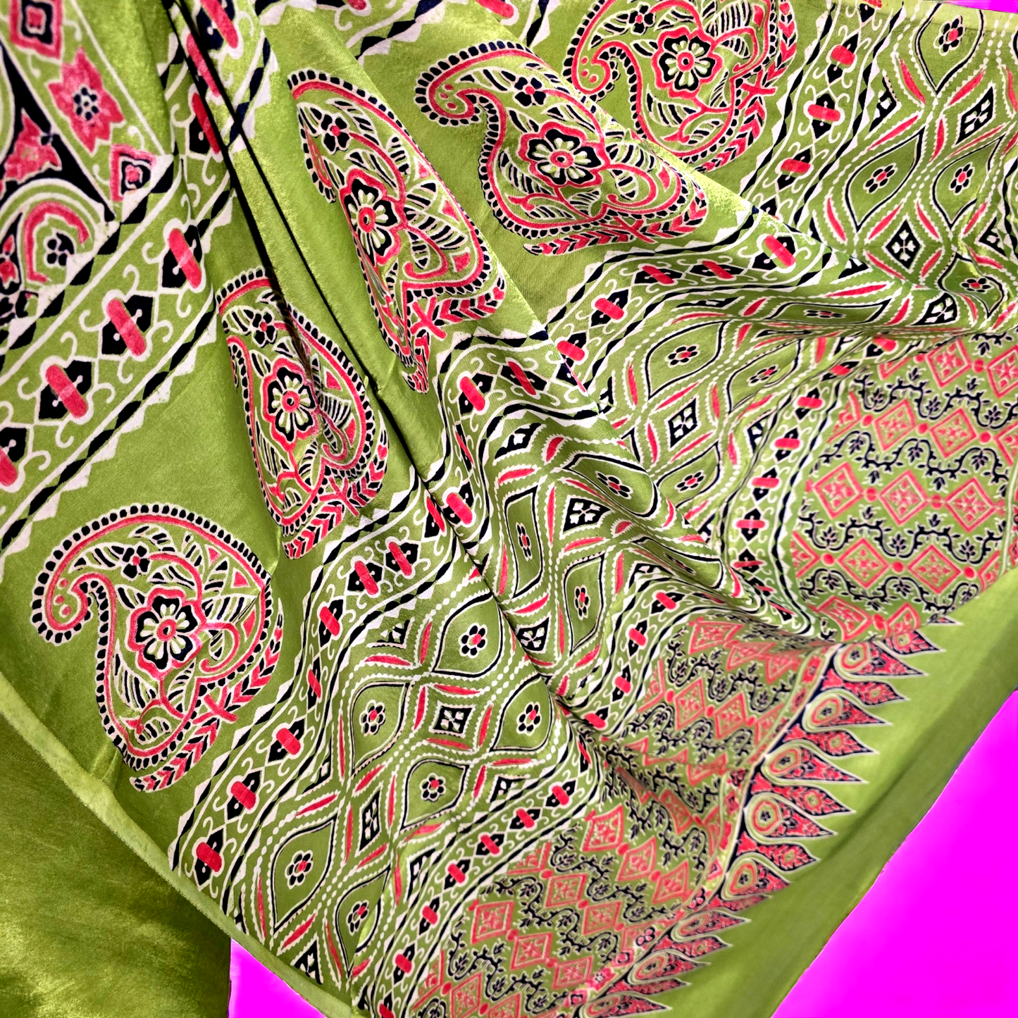 Green ajrakh hand block print modal silk saree