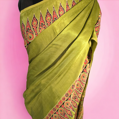 Green ajrakh hand block print modal silk saree