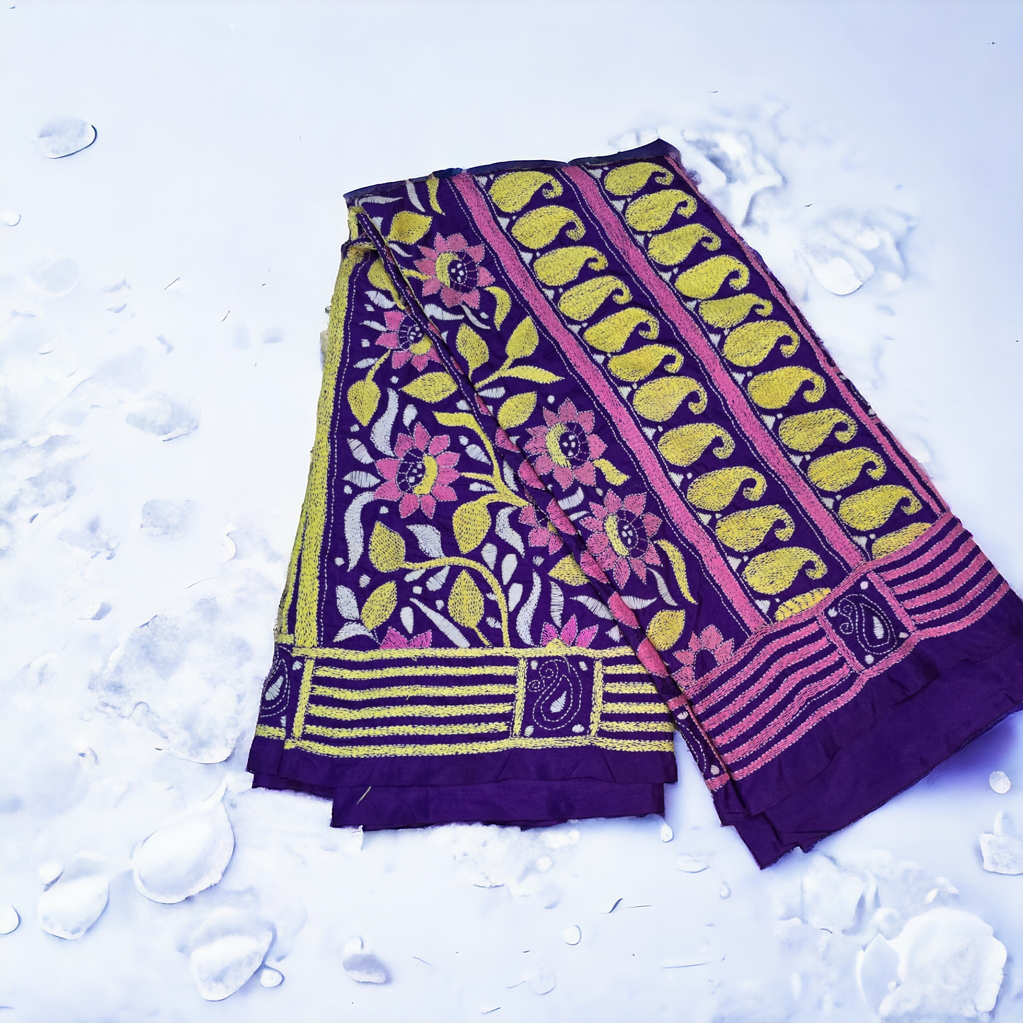 Purple silk kantha work saree from bengal handlooms