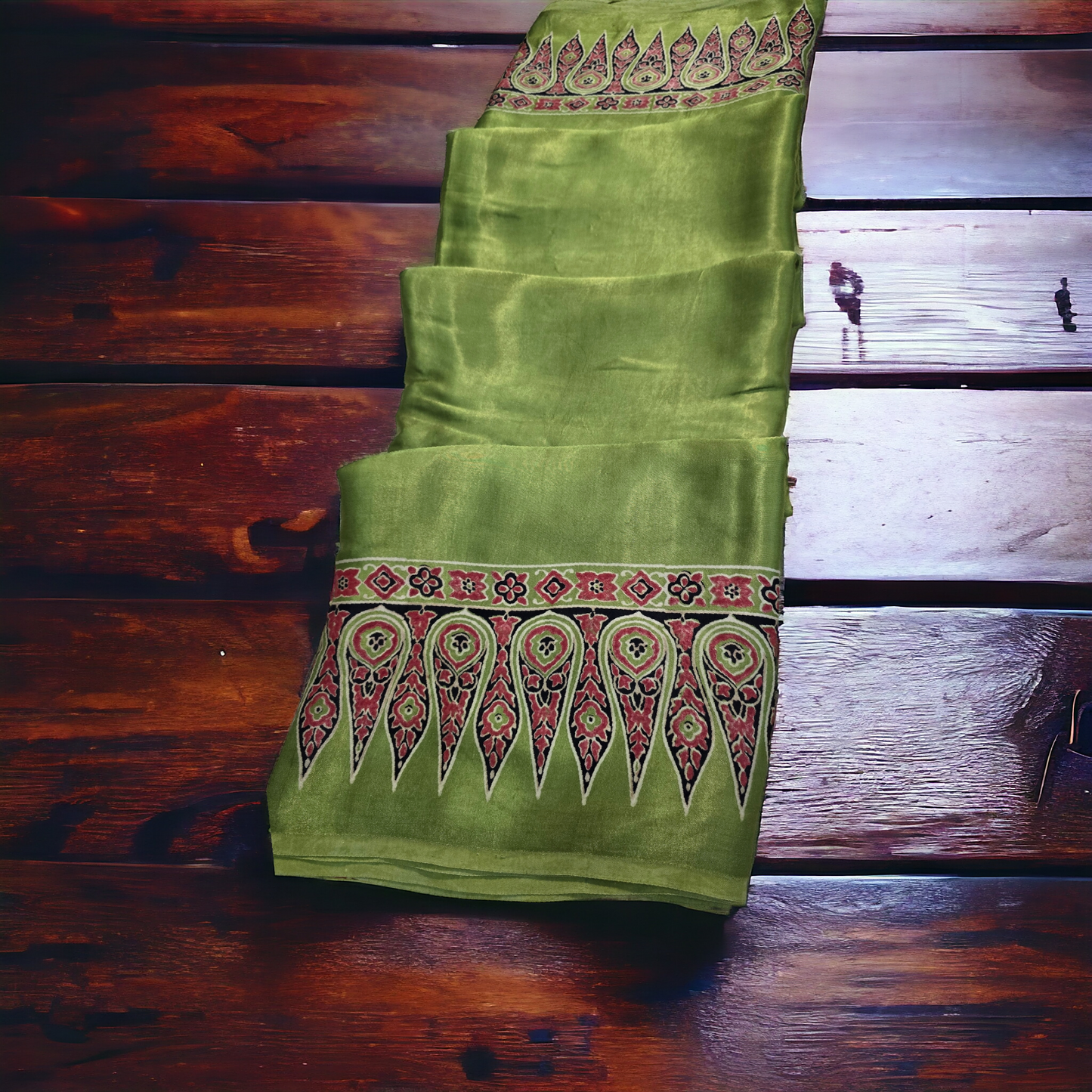 Green ajrakh hand block print modal silk saree