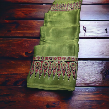 Green ajrakh hand block print modal silk saree