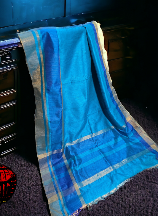 Turquoise Blue raw silk saree with contrast border and pallu