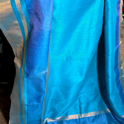 Turquoise Blue raw silk saree with contrast border and pallu