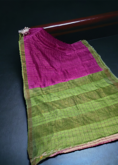 Pink and green Pure tusser zari check saree with kalamkari blouse