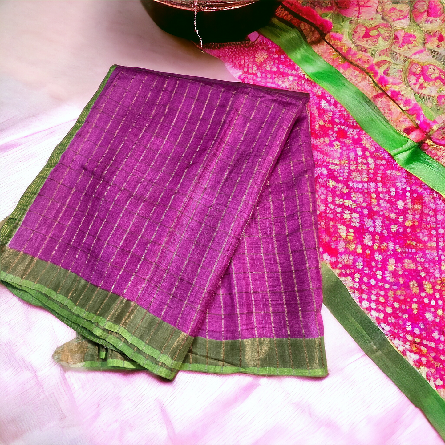 Pink and green Pure tusser zari check saree with kalamkari blouse