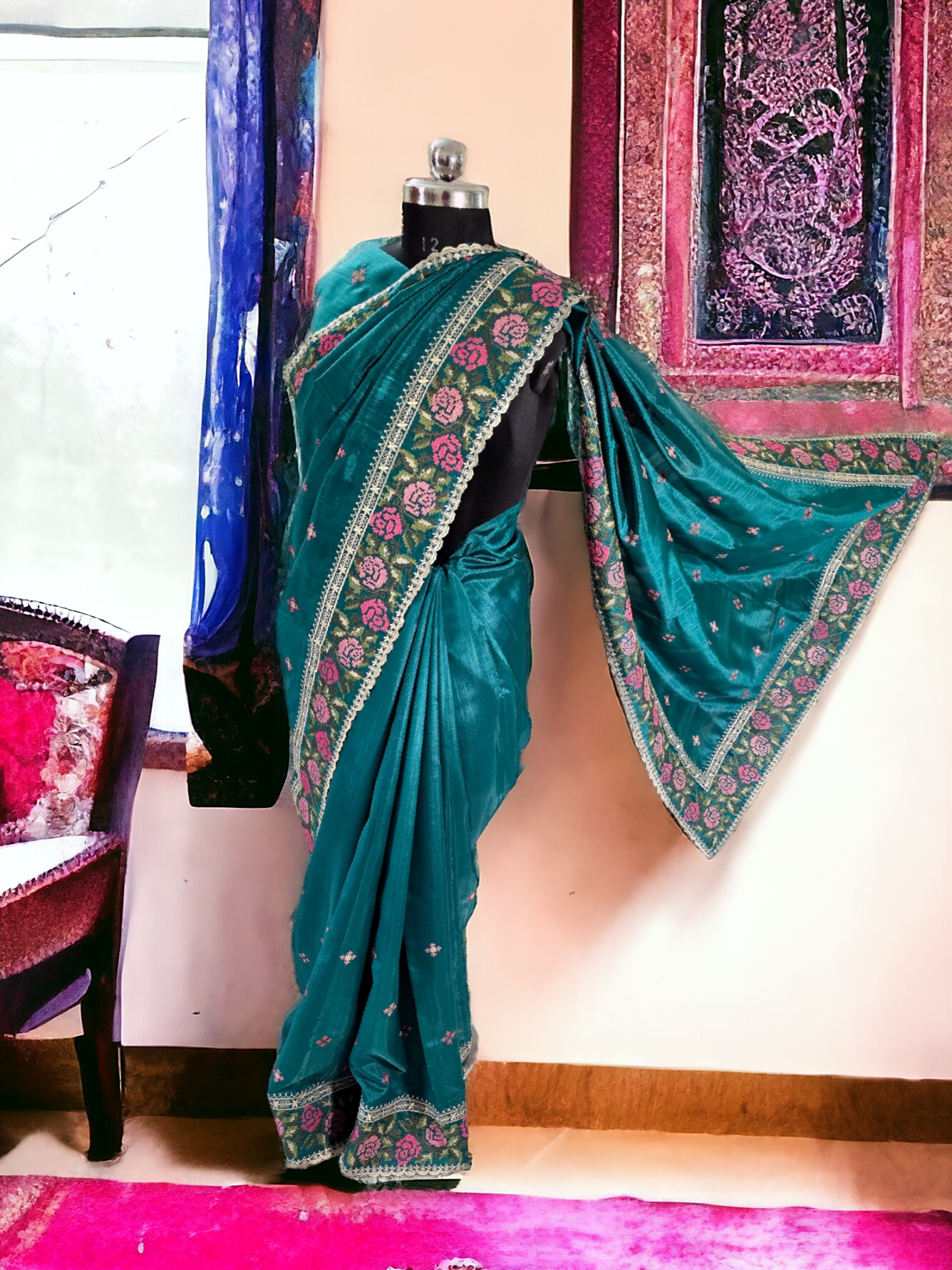 Green silk saree with cross stitch embroidary  border and pallu