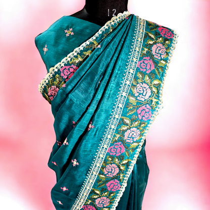 Green silk saree with cross stitch embroidary  border and pallu