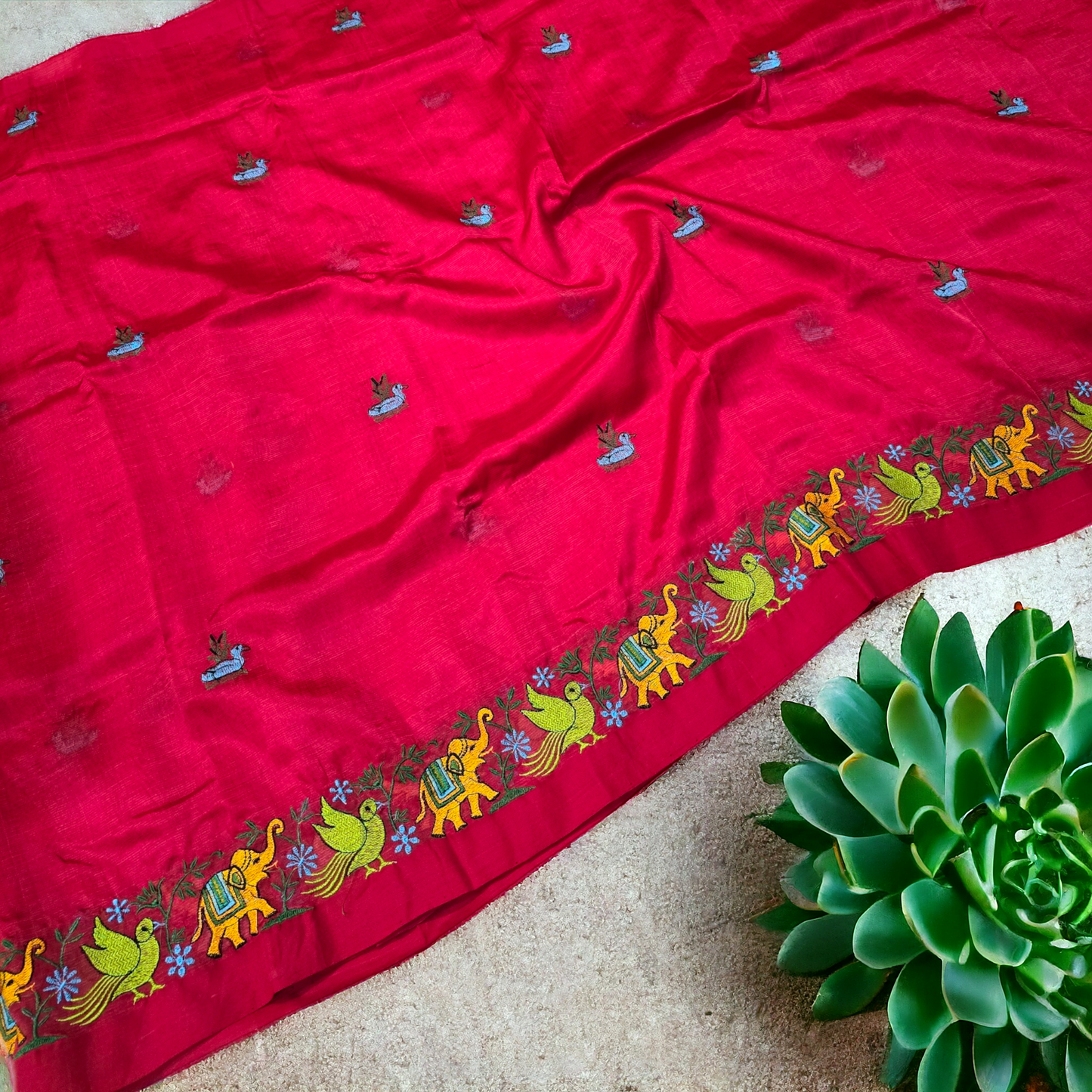 Red pure mangalagiri silk saree with embroidary