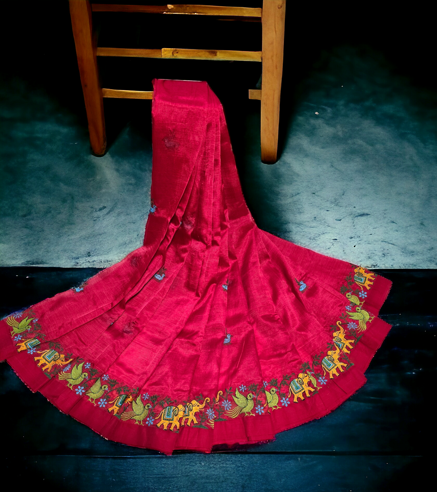 Red pure mangalagiri silk saree with embroidary