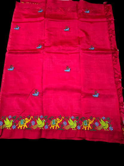 Red pure mangalagiri silk saree with embroidary