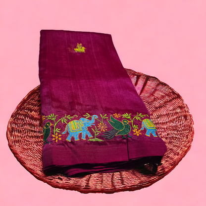 Burgendy colour pure mangalagiri silk saree with embroidary