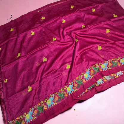 Burgendy colour pure mangalagiri silk saree with embroidary