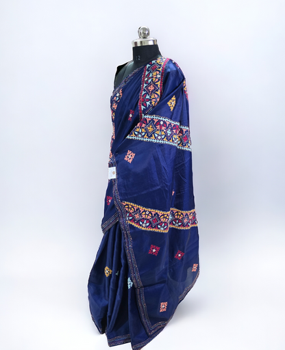 Royal blue satin tusser hand kantha and gujrati work saree