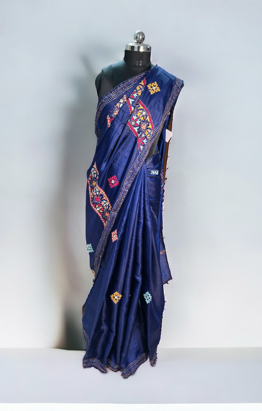 Royal blue satin tusser hand kantha and gujrati work saree