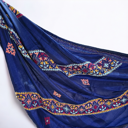 Royal blue satin tusser hand kantha and gujrati work saree