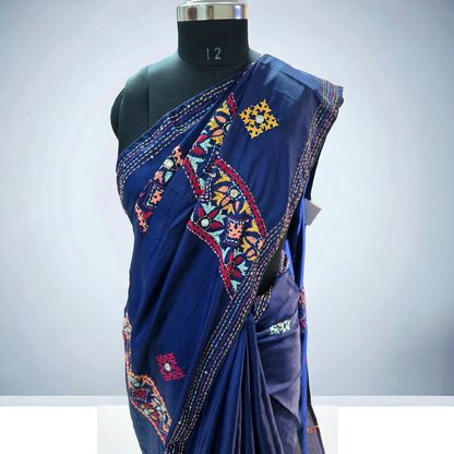 Royal blue satin tusser hand kantha and gujrati work saree