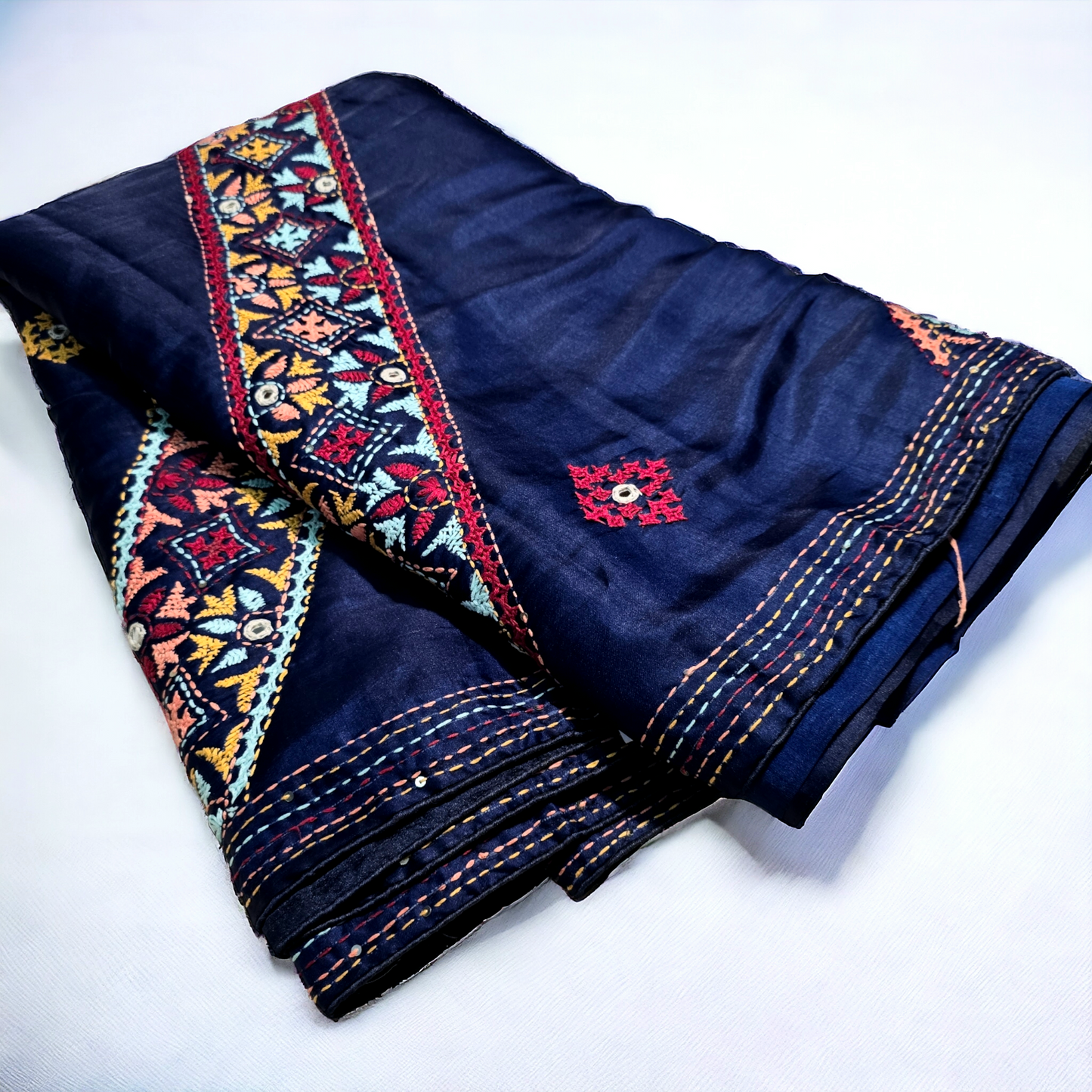 Royal blue satin tusser hand kantha and gujrati work saree