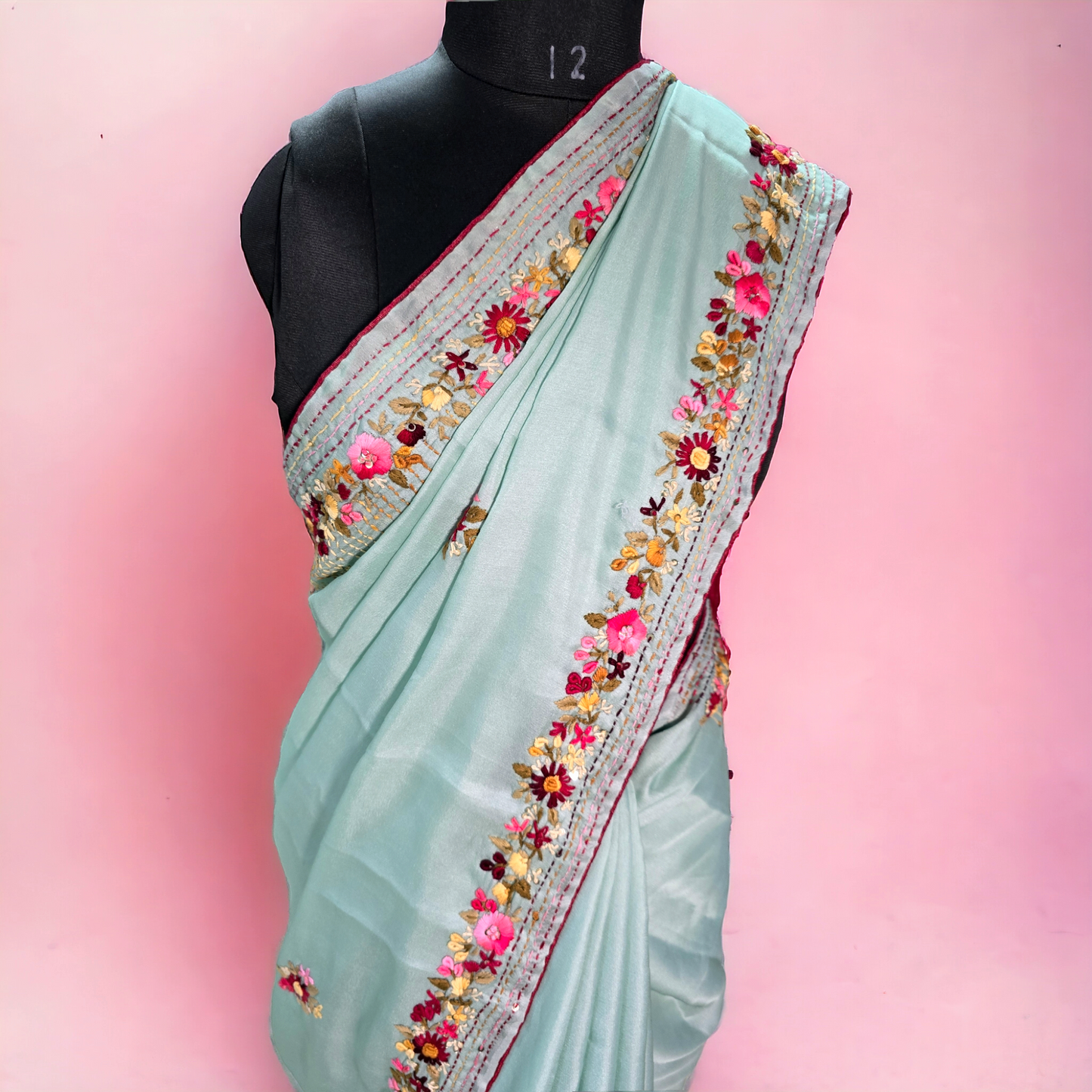 Ice blue hand parsi bullion work satin tusser saree