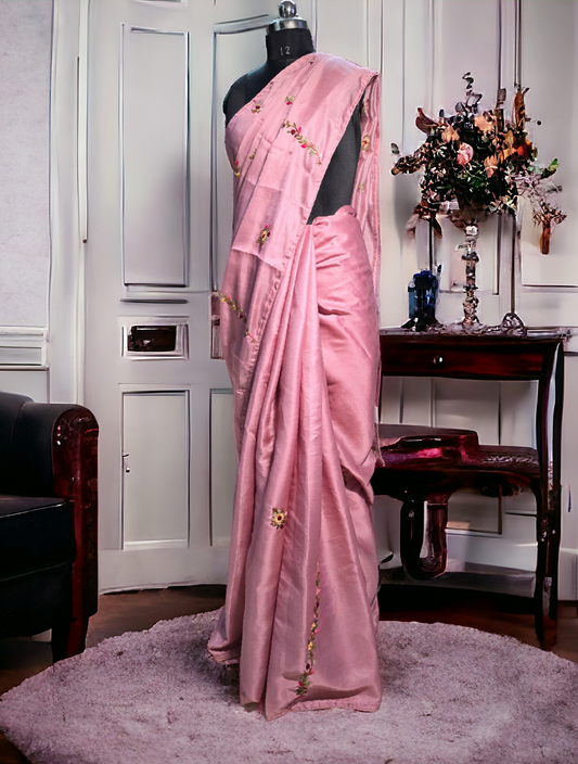 Dusty pink hand parsi bullion work satin tusser saree