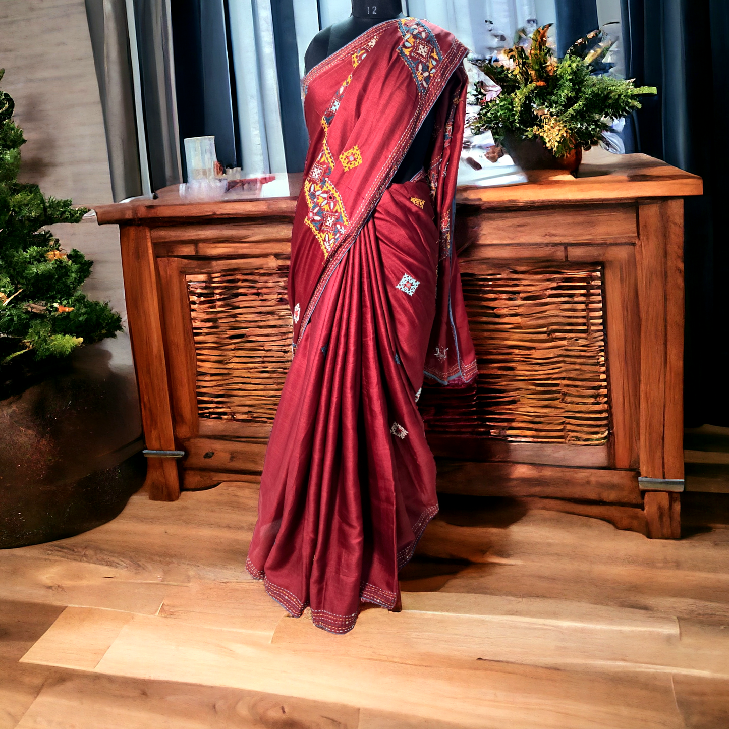 Rust brown colour satin tusser hand kantha and gujrati work saree