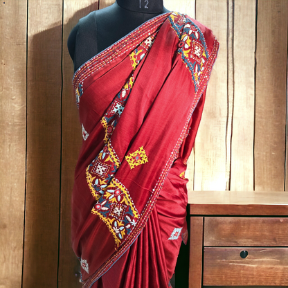 Rust brown colour satin tusser hand kantha and gujrati work saree