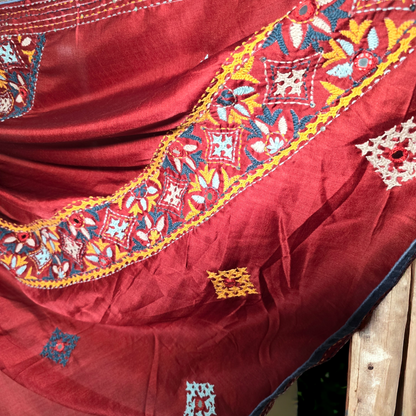 Rust brown colour satin tusser hand kantha and gujrati work saree