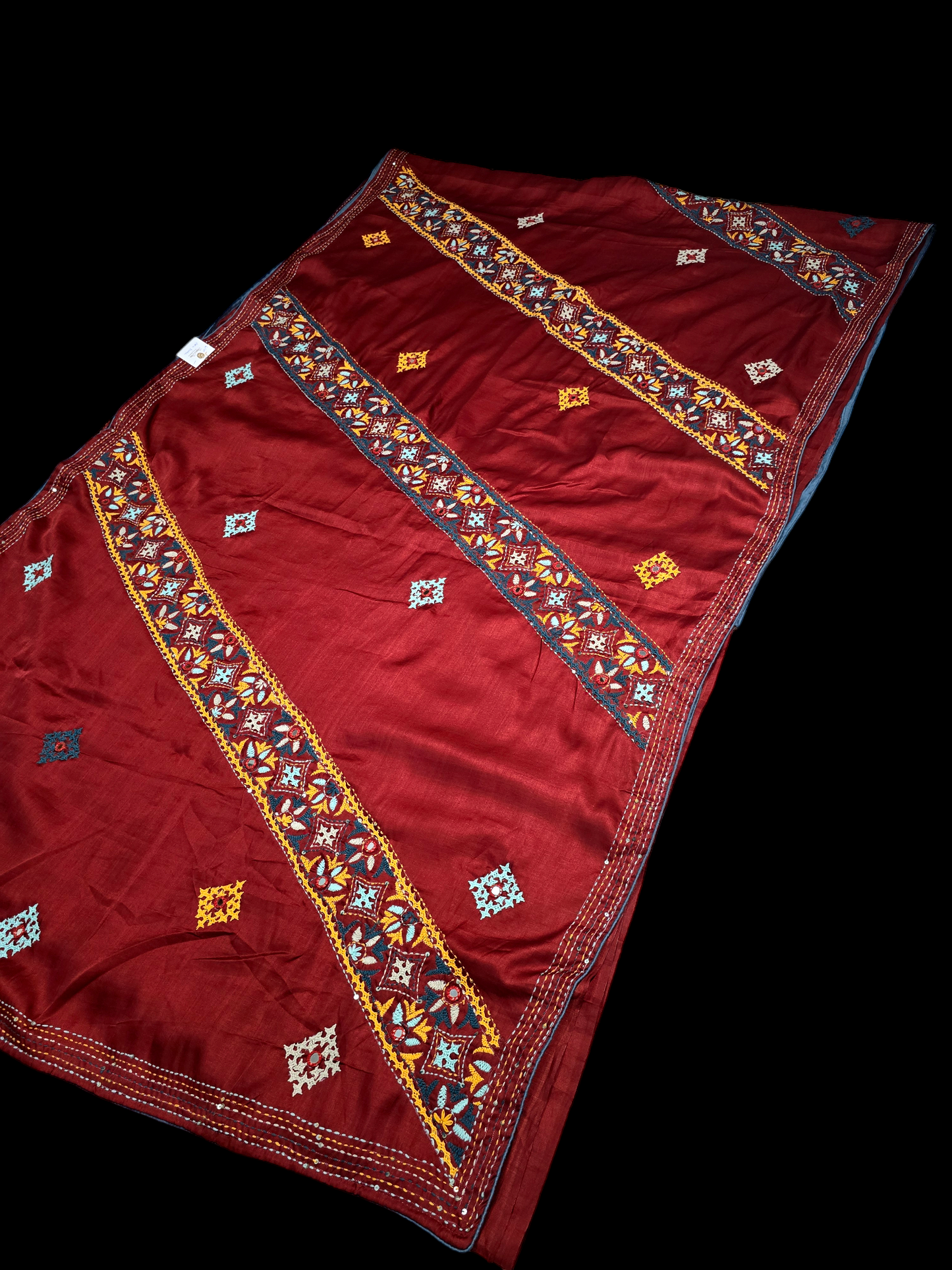 Rust brown colour satin tusser hand kantha and gujrati work saree