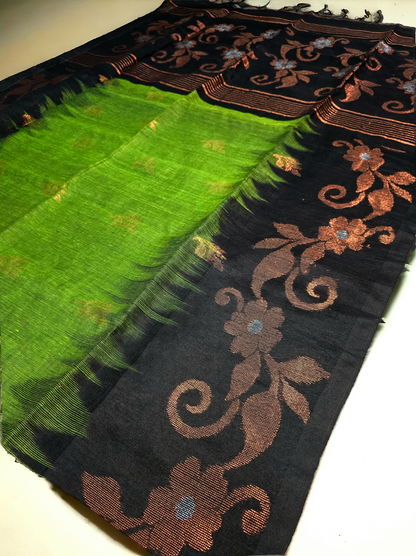 Green and black organic linen kanjivaram saree