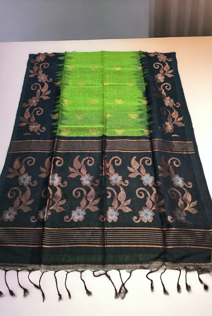 Green and black organic linen kanjivaram saree