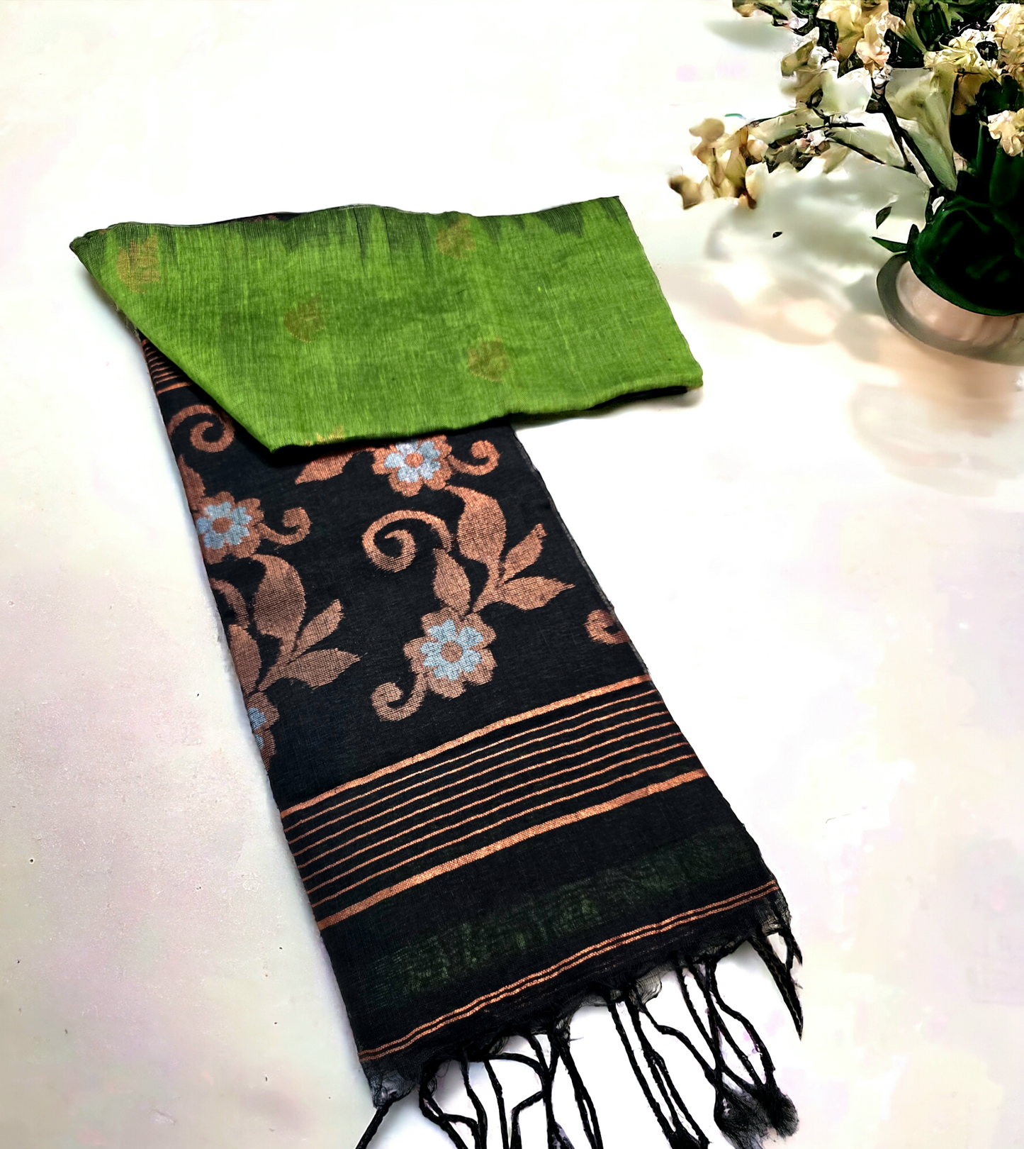 Green and black organic linen kanjivaram saree