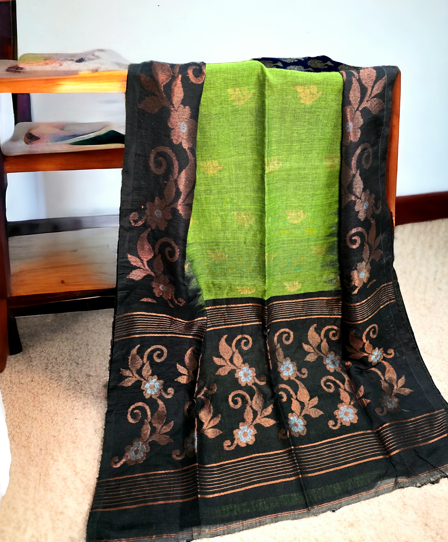 Green and black organic linen kanjivaram saree