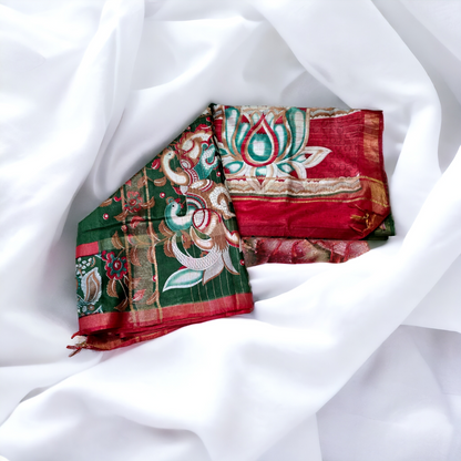 Green and red bhagalpuri silk saree with kalamkari printed border and pallu