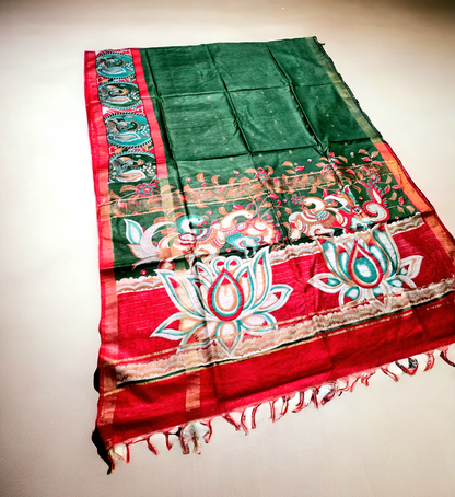 Green and red bhagalpuri silk saree with kalamkari printed border and pallu