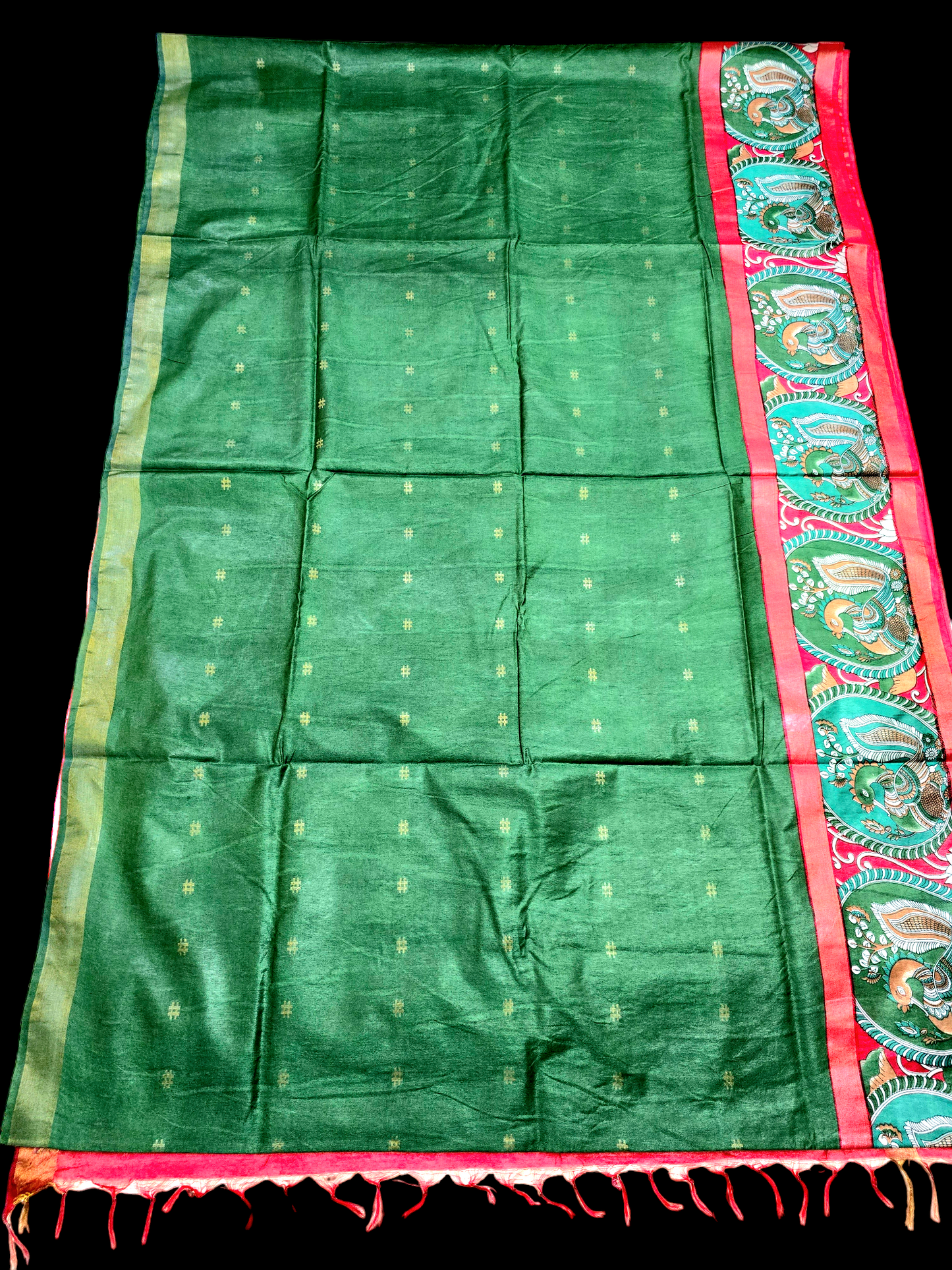 Green and red bhagalpuri silk saree with kalamkari printed border and pallu